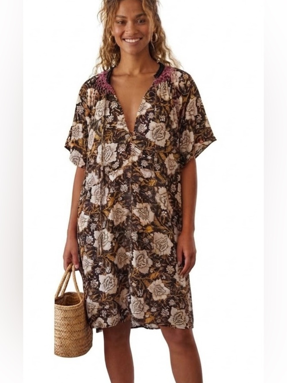 NATURAL LIFE Boho Floral Midi Dress with Crochet Trim